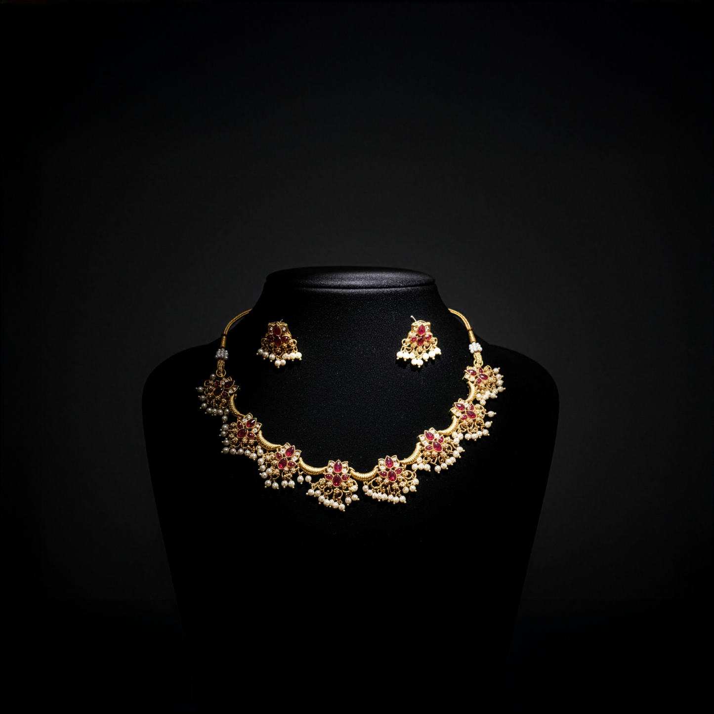 Traditional Ruby Kundan & Pearl Gold-Plated Necklace