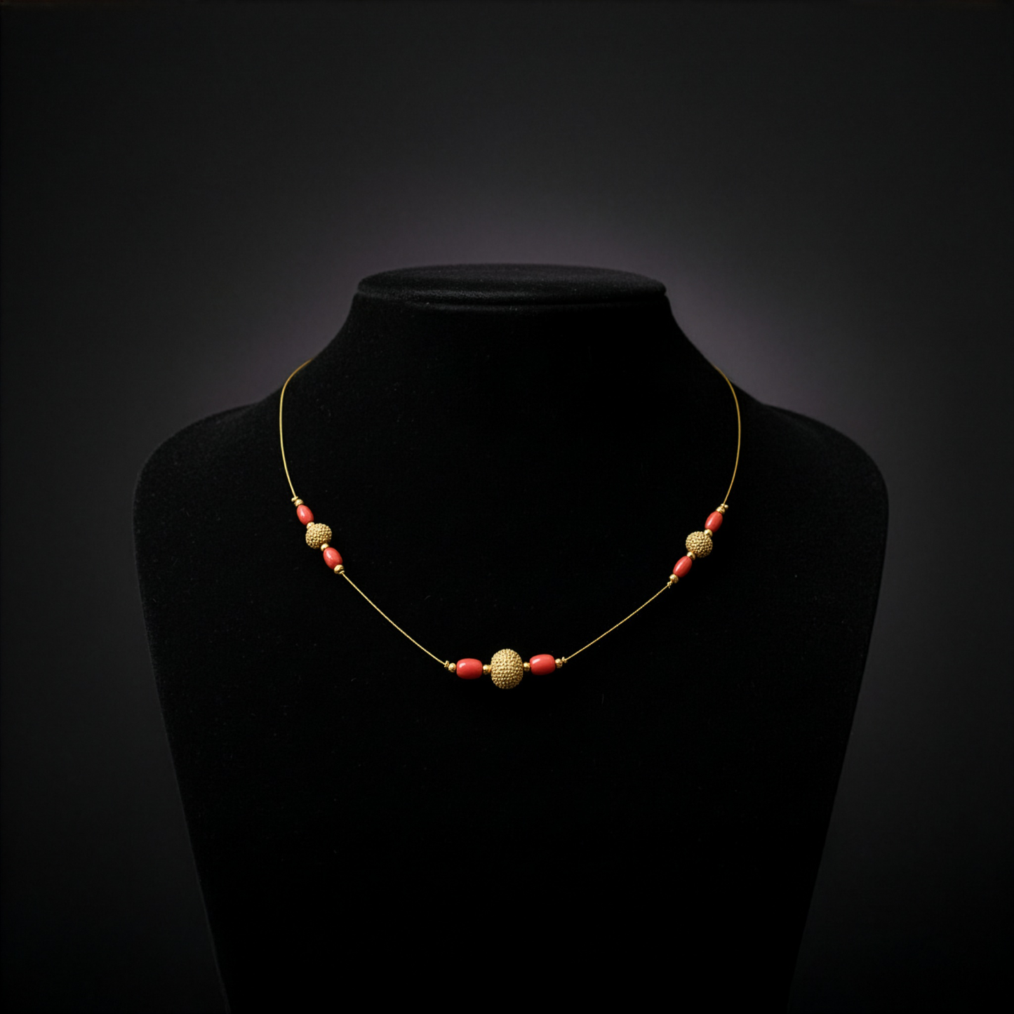 Coral & Gold Filigree Bead Fine Wire Choker