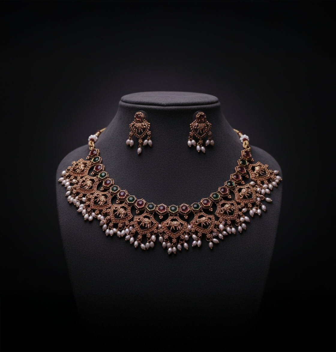 Antique Kempu & Pearl Temple Choker Set