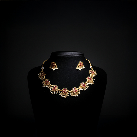Traditional Ruby Kundan & Pearl Gold-Plated Necklace