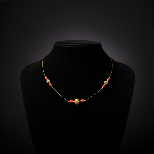Coral & Gold Filigree Bead Fine Wire Choker