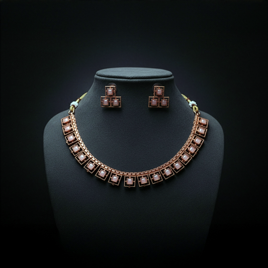 Aura Geometric Rose Gold Necklace Set with Stones