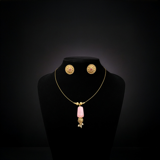 Delicate Invisible Chain with Tiny Locket (Pink) & Earrings Set