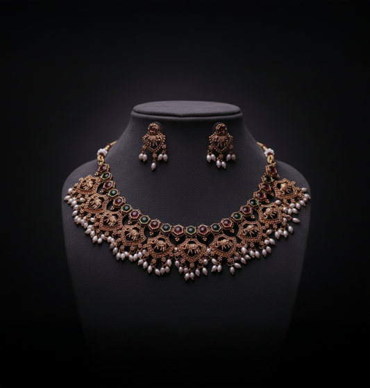 Antique Kempu & Pearl Temple Choker Set